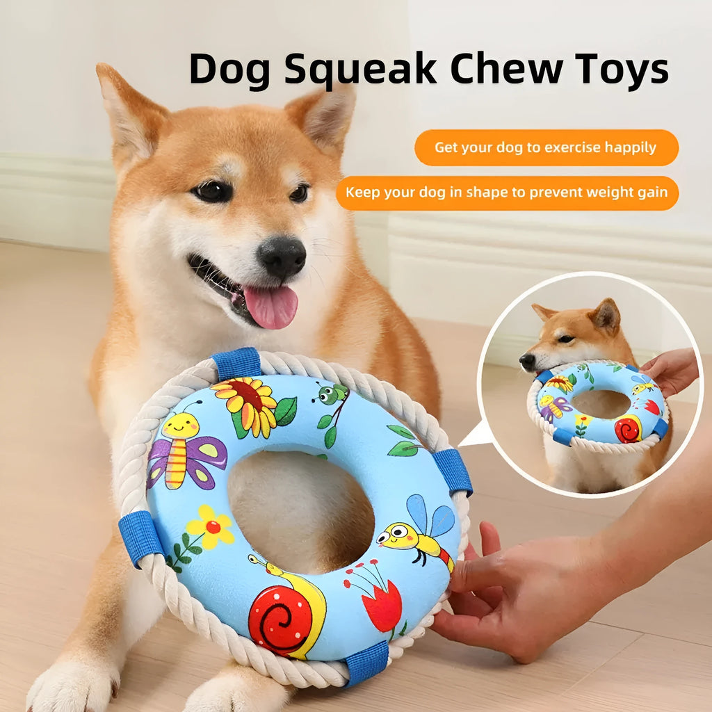 Soft plush dog pull ring chew toy with squeaker in yellow fish design.