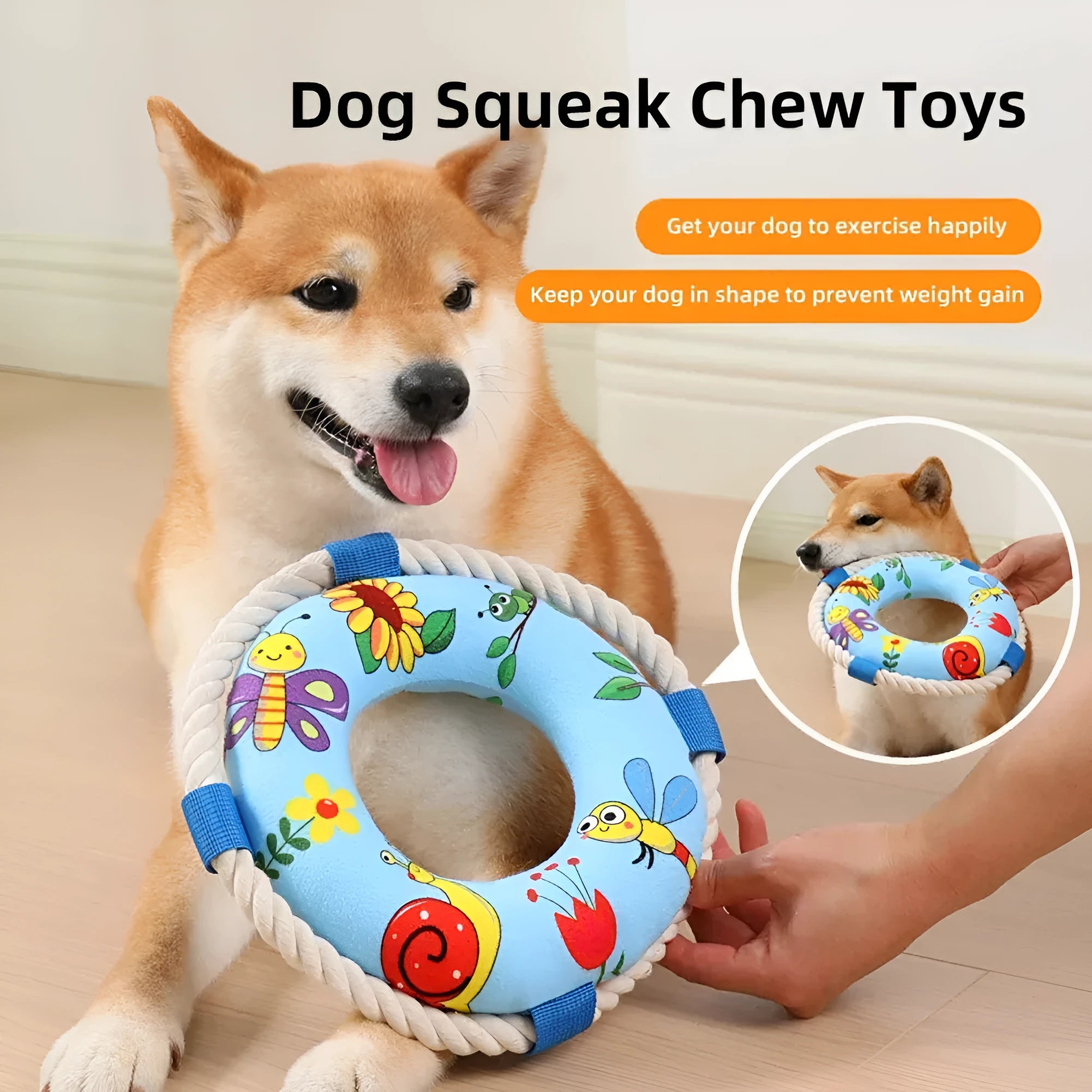 Soft plush dog pull ring chew toy with squeaker in yellow fish design.