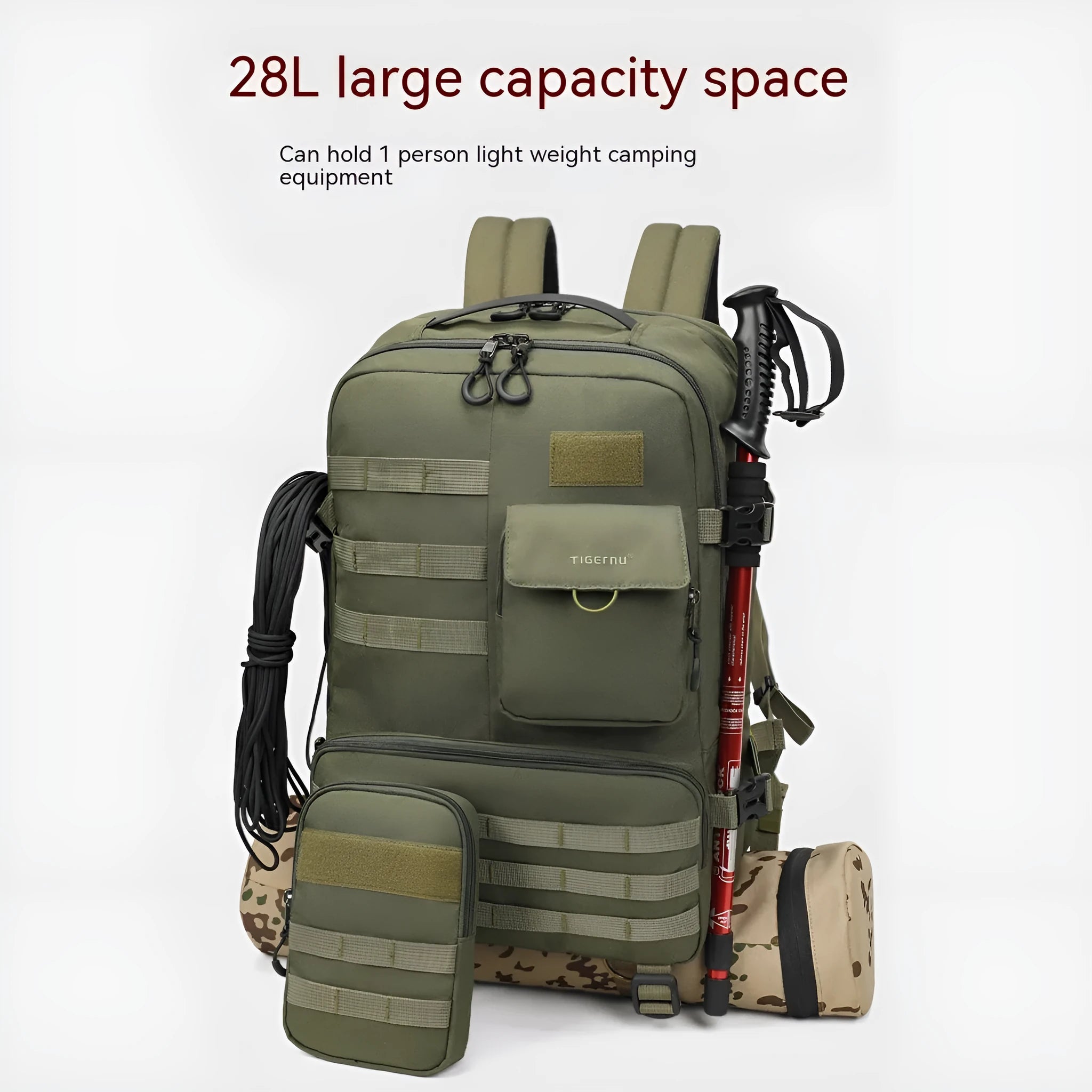 Army green 17-inch tactical backpack with waterproof nylon construction and 20-35 litre capacity