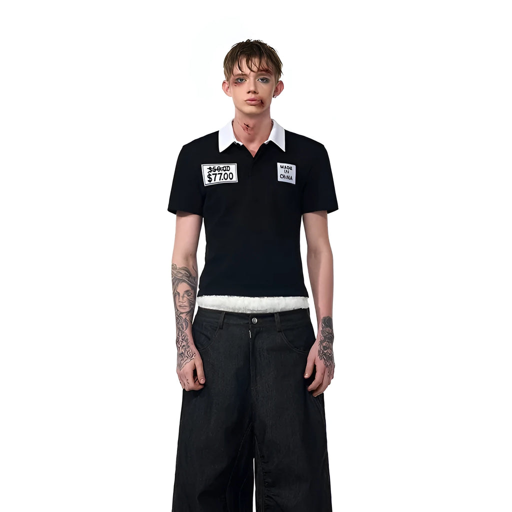 Black slim fit men's short sleeve polo shirt with an embroidered hat design on the front.