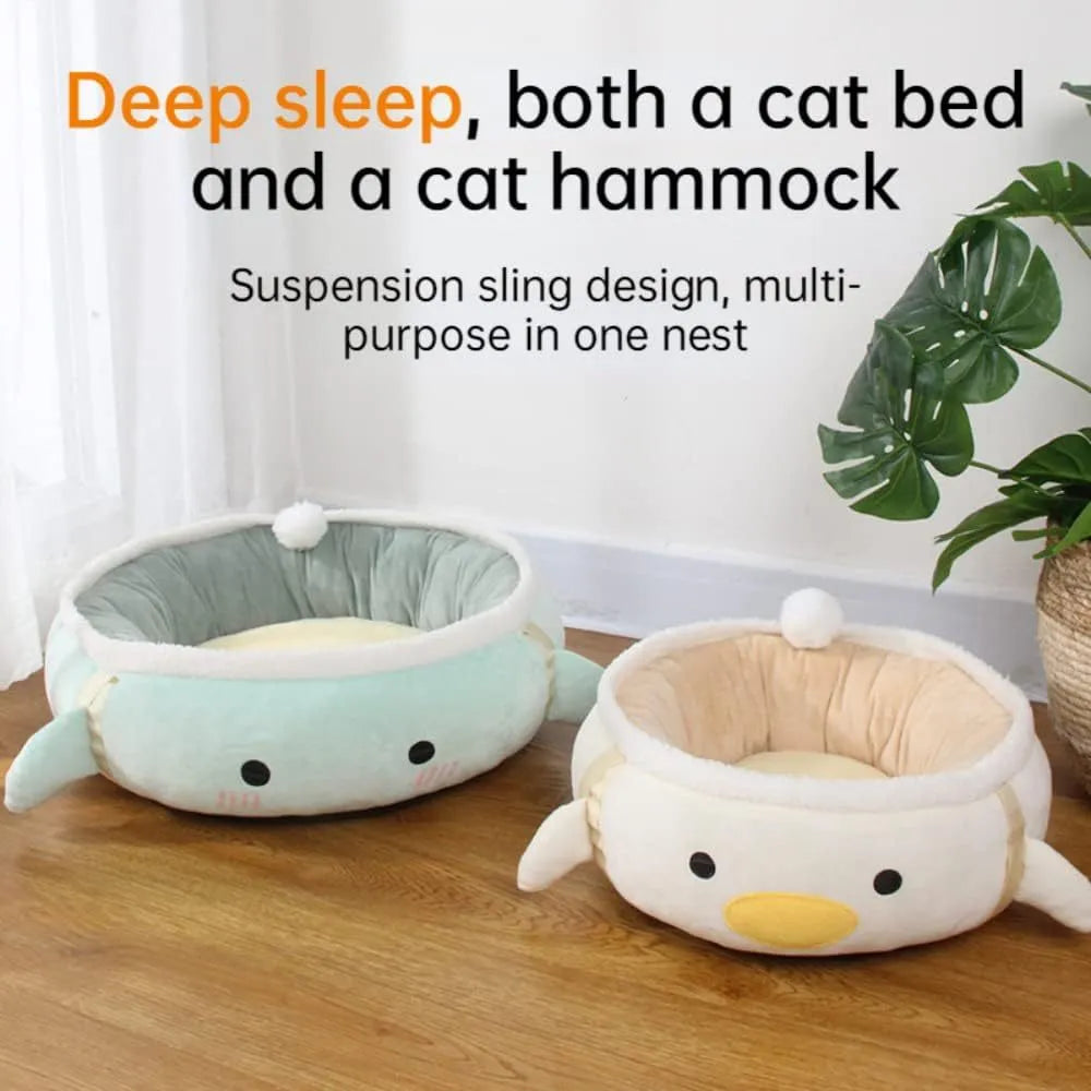 Green dinosaur-shaped cat bed shown both flat as a sofa and hung as a hammock for small pets.