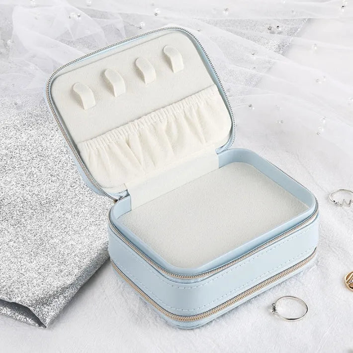 Portable PU leather jewellery box with three-layer storage in blue colour