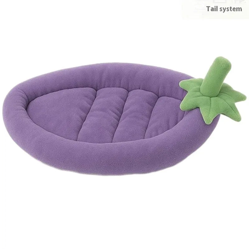 Removable cover washable dog mat in purple, shown in a large size next to a resting dog.