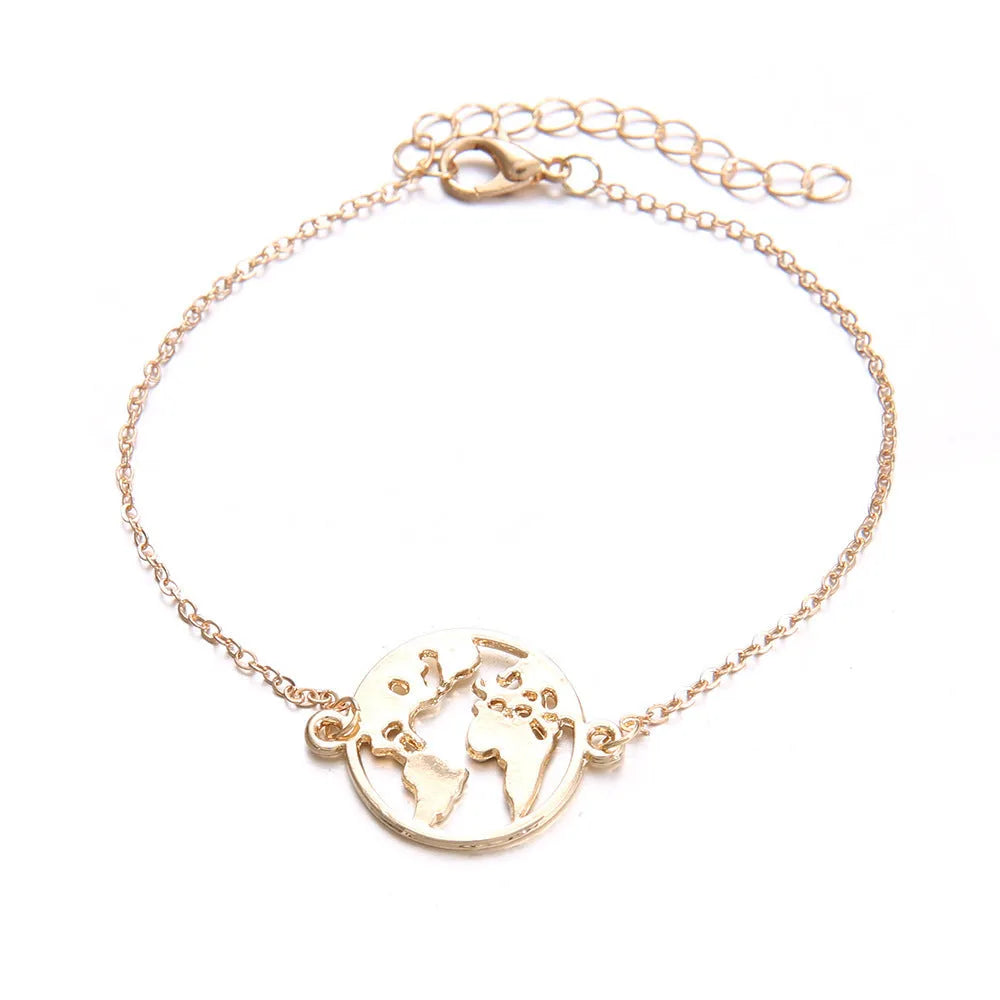 Set of three women's bohemian bracelets with heart-shaped aircraft map charms in alloy.