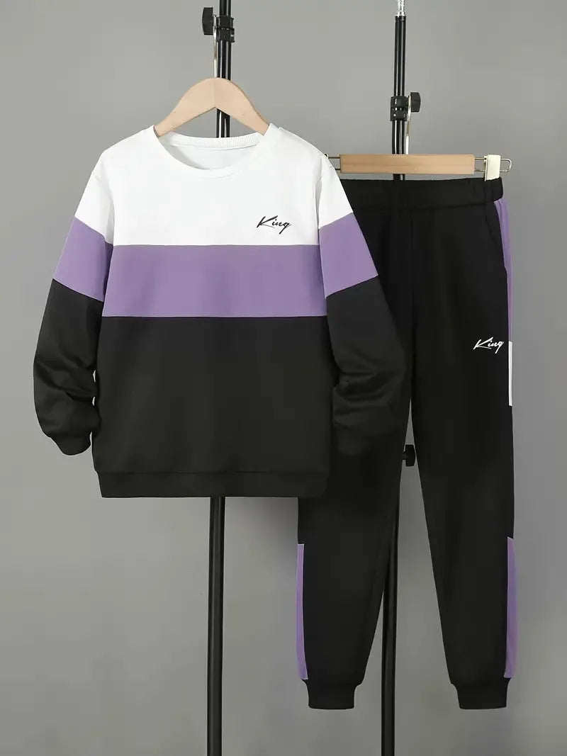 Design Sense boys cotton blend pullover hoodie and jogger trousers two-piece set in multicolour options