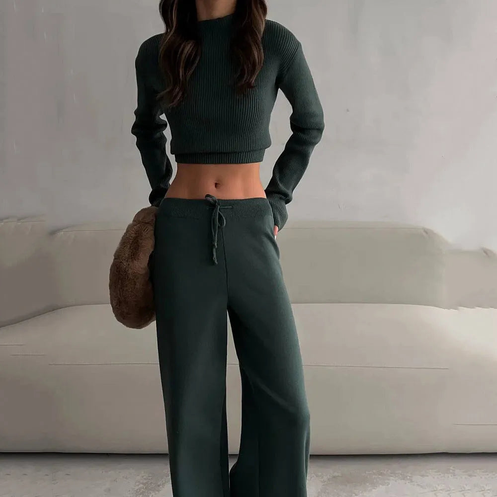 Women's cotton blend leisure suit set long-sleeve top and trousers solid colour apricot or green street fashion