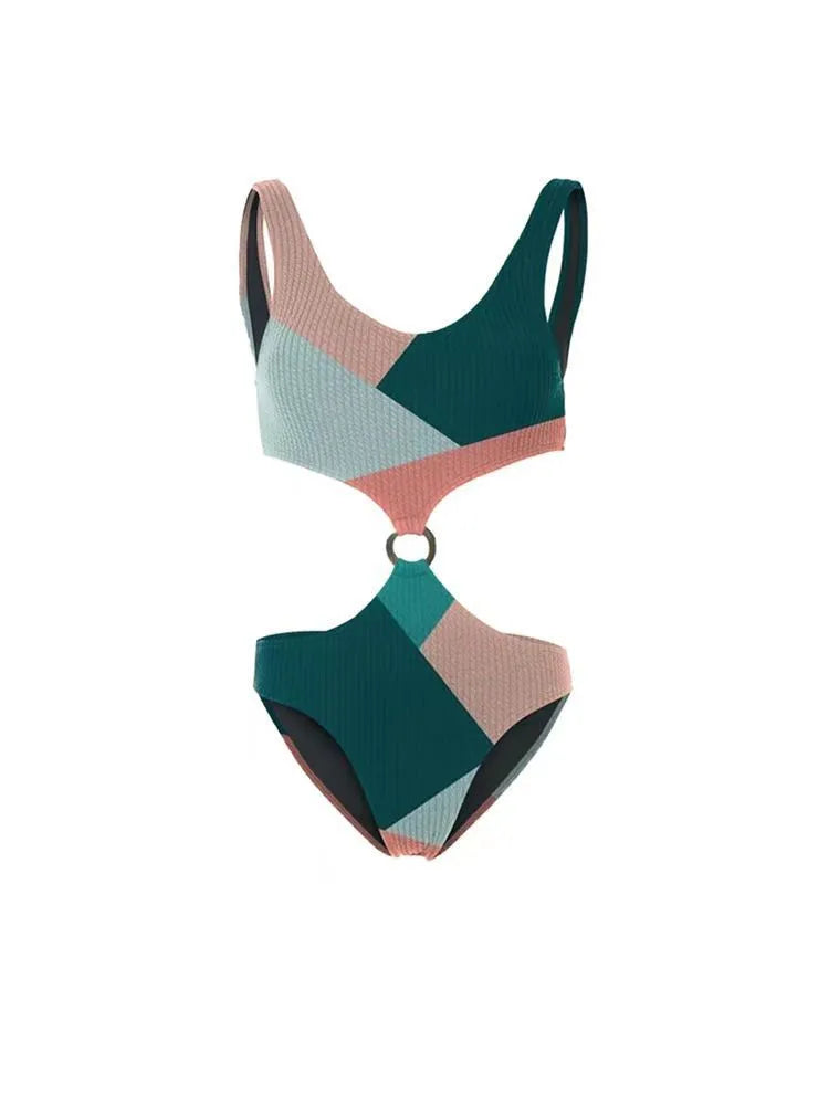 Women's colour-contrast two-piece bikini swimsuit with a matching mesh gauze skirt.