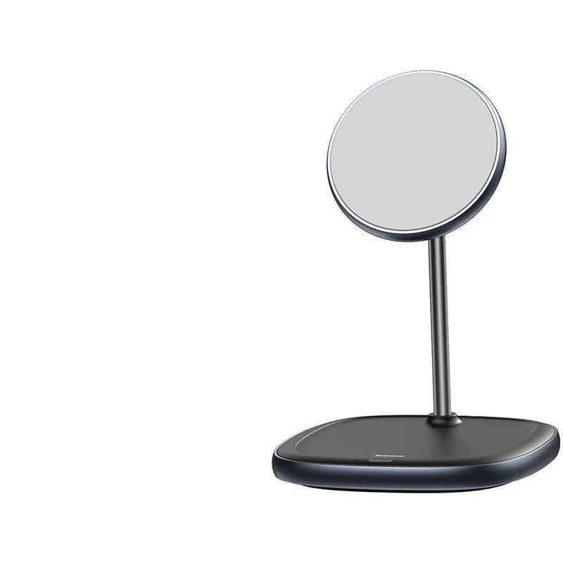 Swan black magnetic wireless charging stand holding an iPhone with a visible cable.