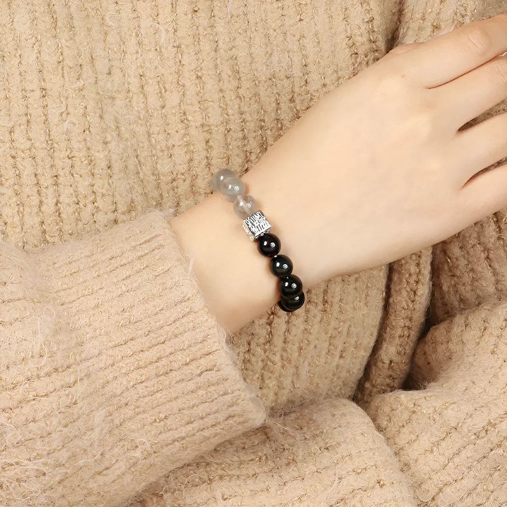 Couple crystal bracelet set with 10mm geometric shapes in khaki colour variations