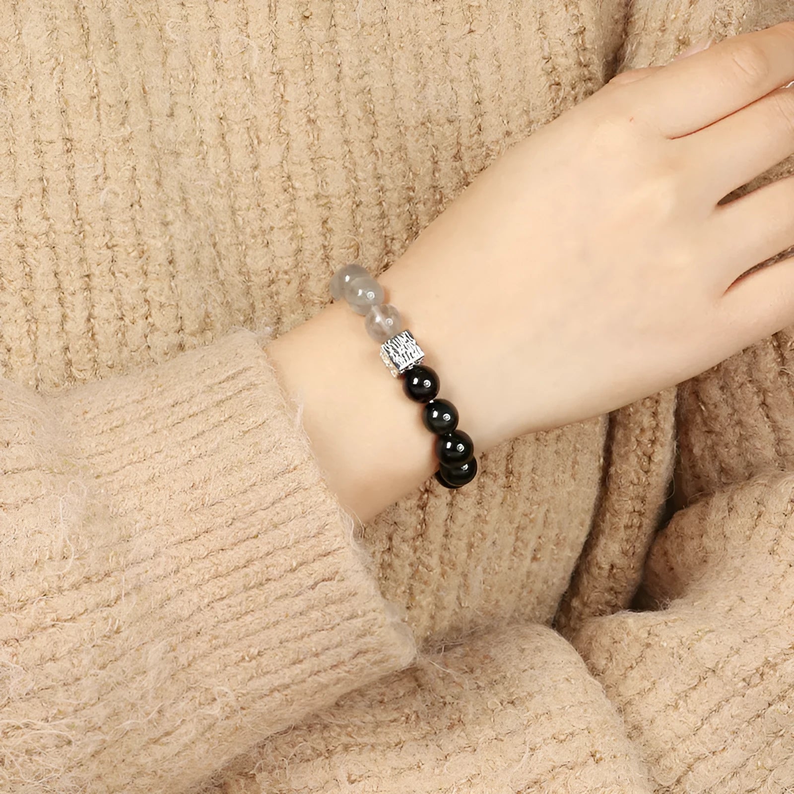 Couple crystal bracelet set with 10mm geometric shapes in khaki colour variations