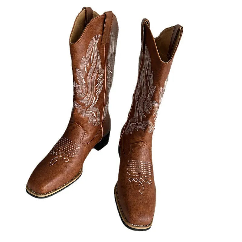 Brown women's embroidered Martin boots with mid-calf length, leather lining, and waterproof platform