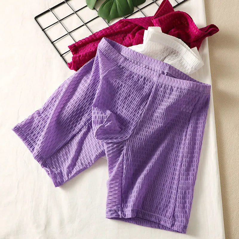 Men's lace shaping boxer underwear in white, black, rose red, green and light purple colours.
