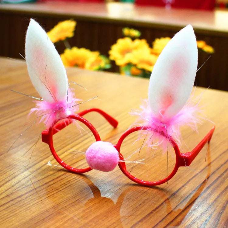 Christmas character glasses frames with Santa, snowman, and rabbit ear designs