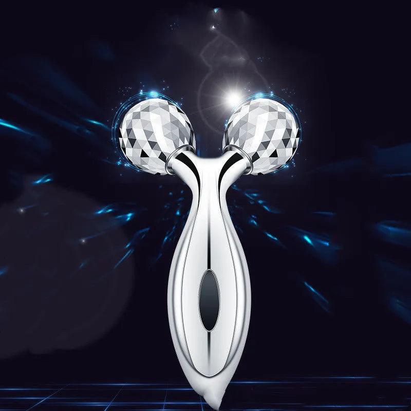 Silver body roller with ABS resin handle and stainless steel roller on white background, 135g manual massager