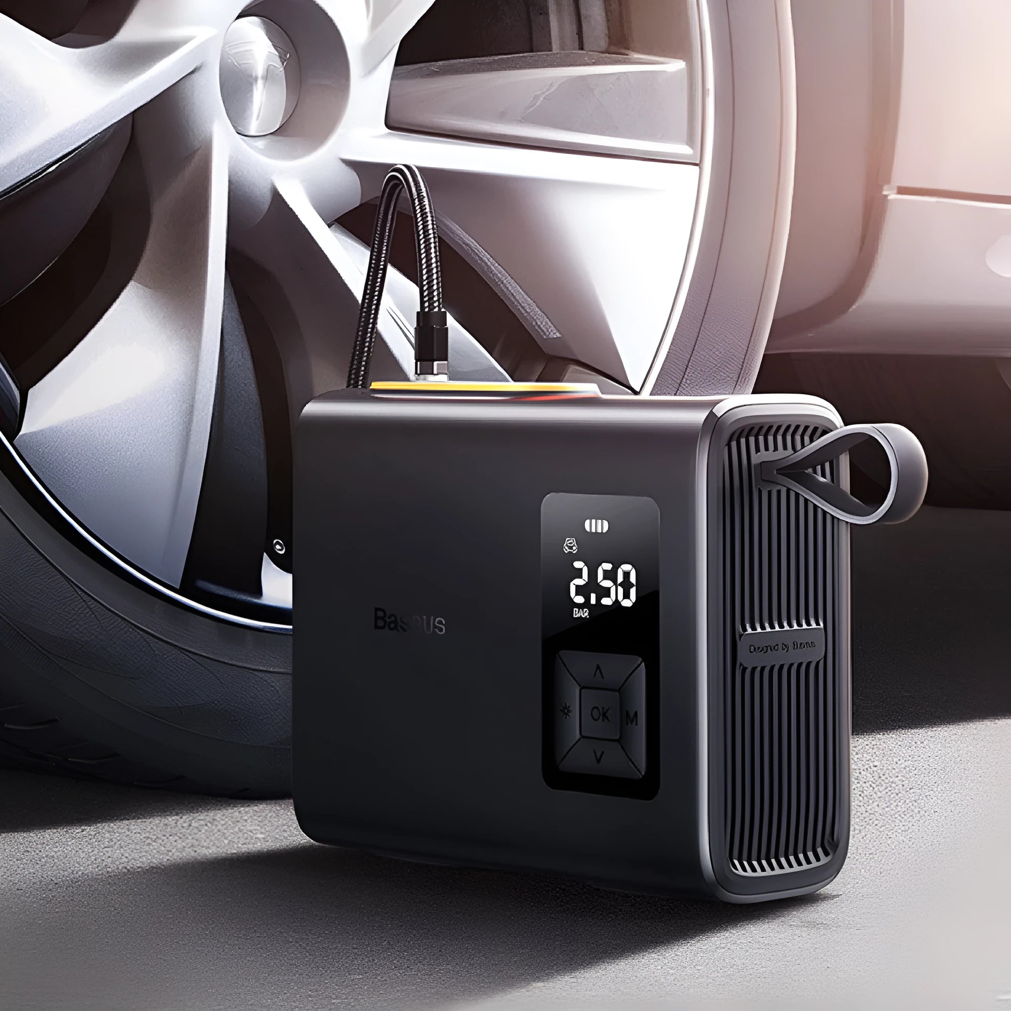 Black portable wireless car tyre inflator with LCD display and type-C charging port