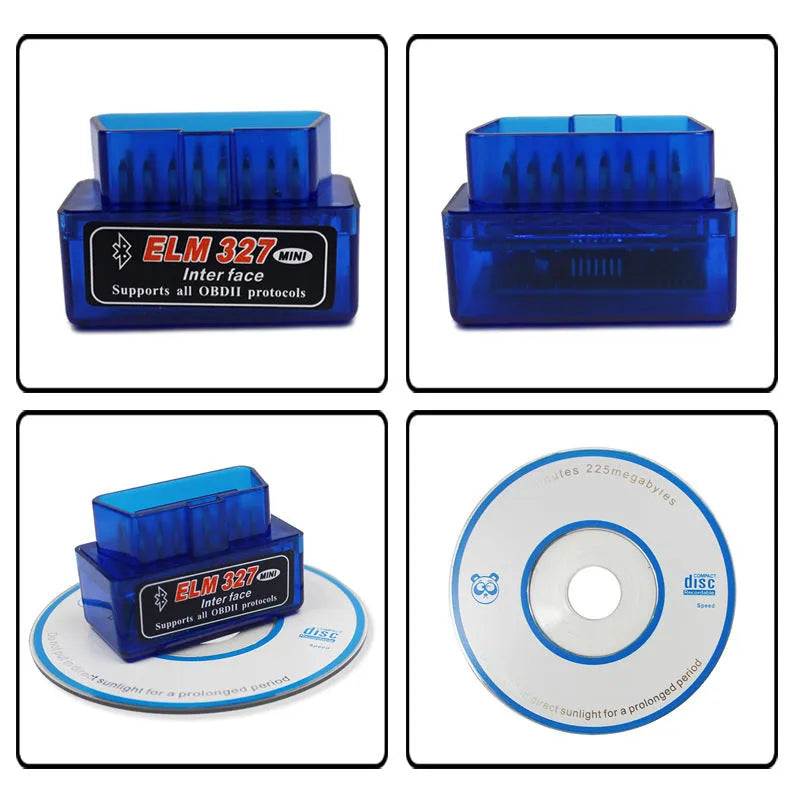 Compact black OBD2 Bluetooth diagnostic scanner for reading car engine fault codes.