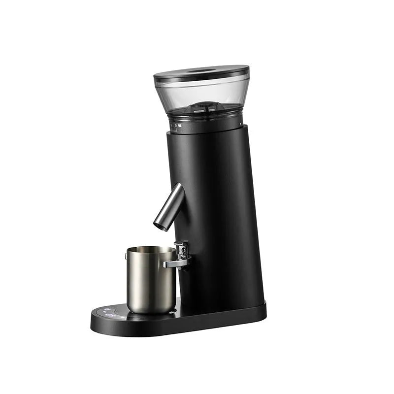 Electric coffee grinder with stainless steel reservoir and temperature control display
