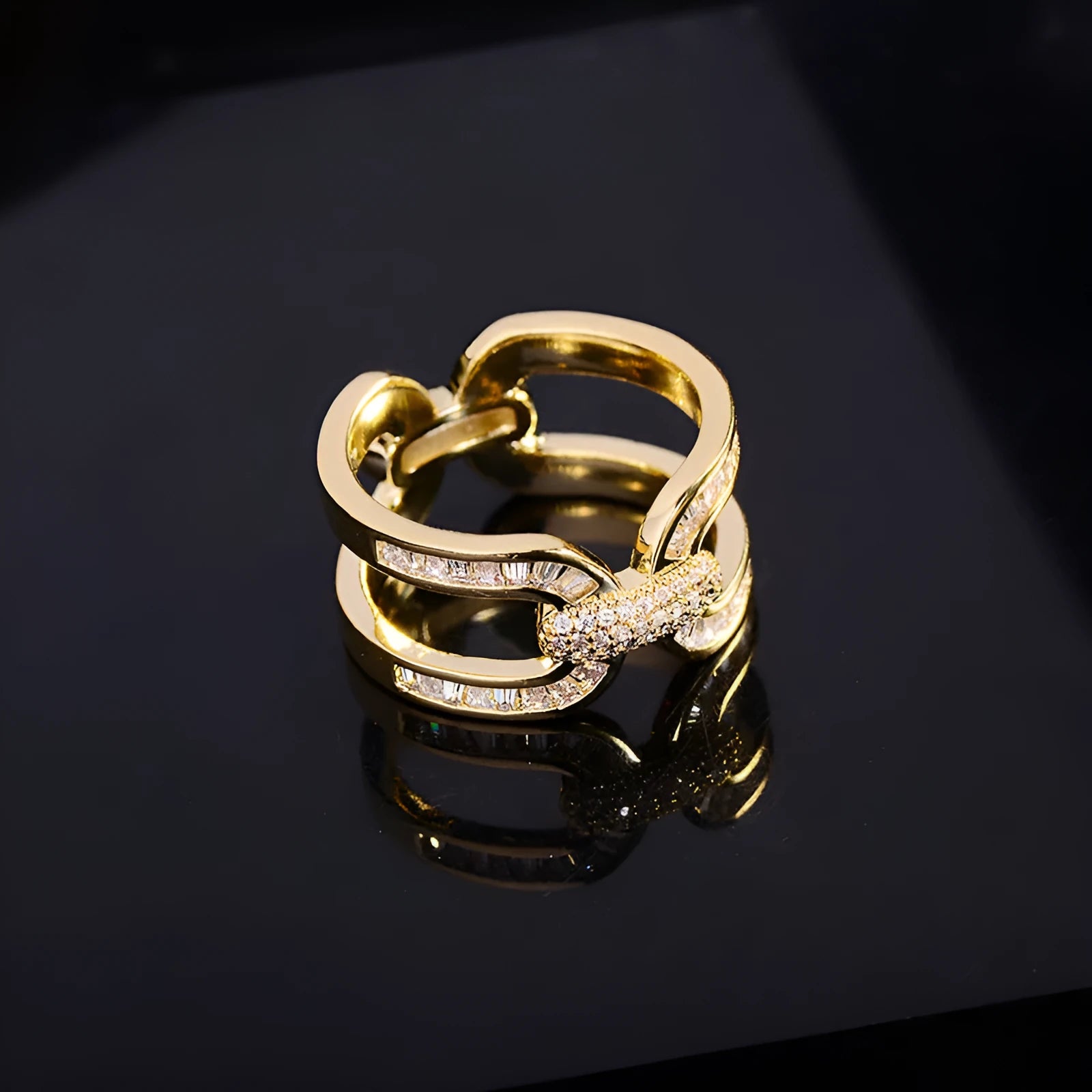 Gold electroplated copper round scarf ring with geometric shape on a silk scarf