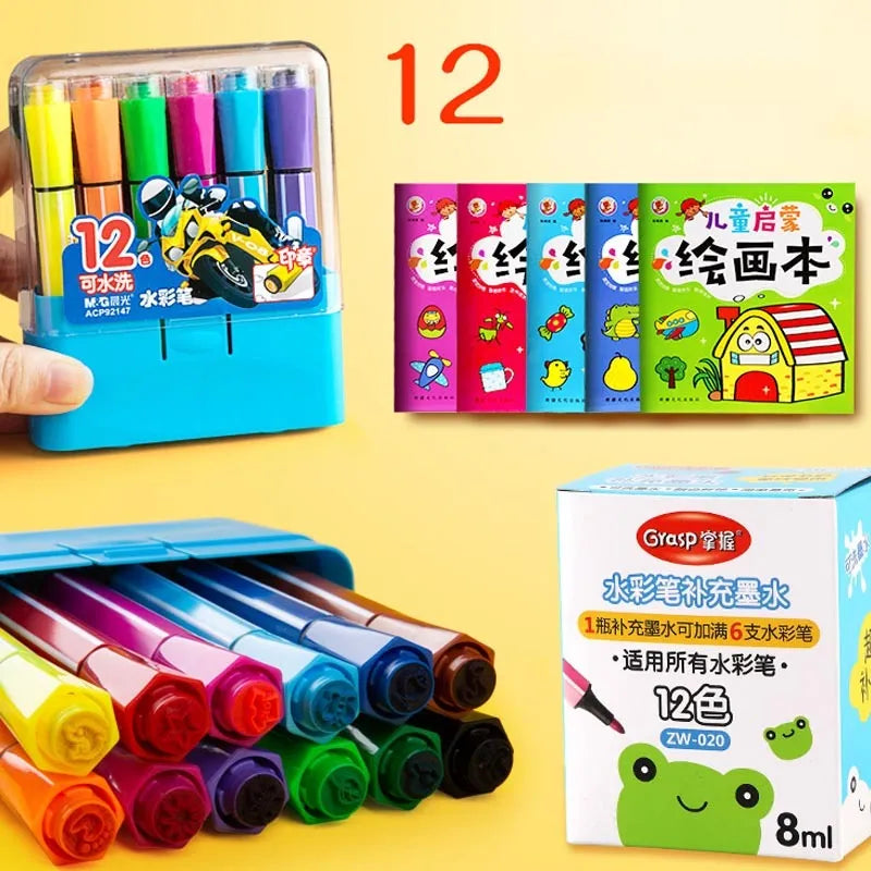 Children's washable painting brushes with hexagonal handles in blue, pink and yellow colours