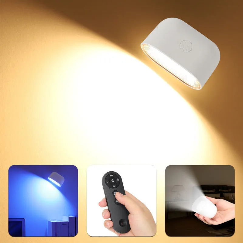 Oval-shaped white remote touch magnetic wall lamp stuck to a wall, showing remote control.