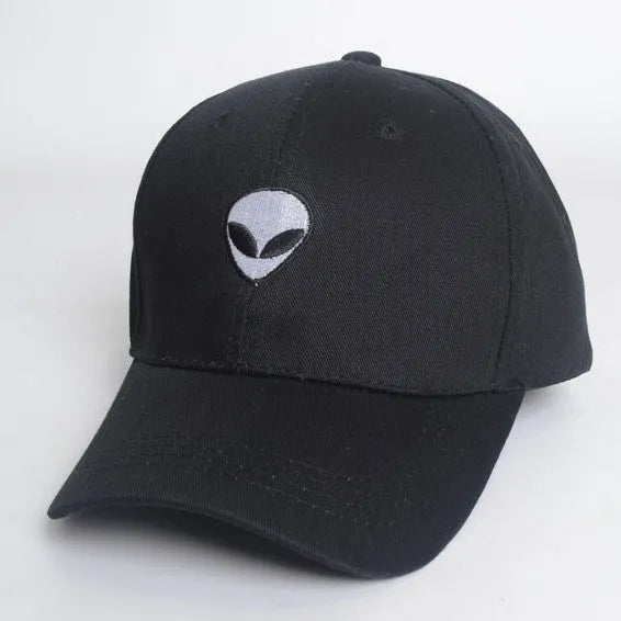 Alien head embroidered baseball cap in black with green label, unisex cotton satin weave