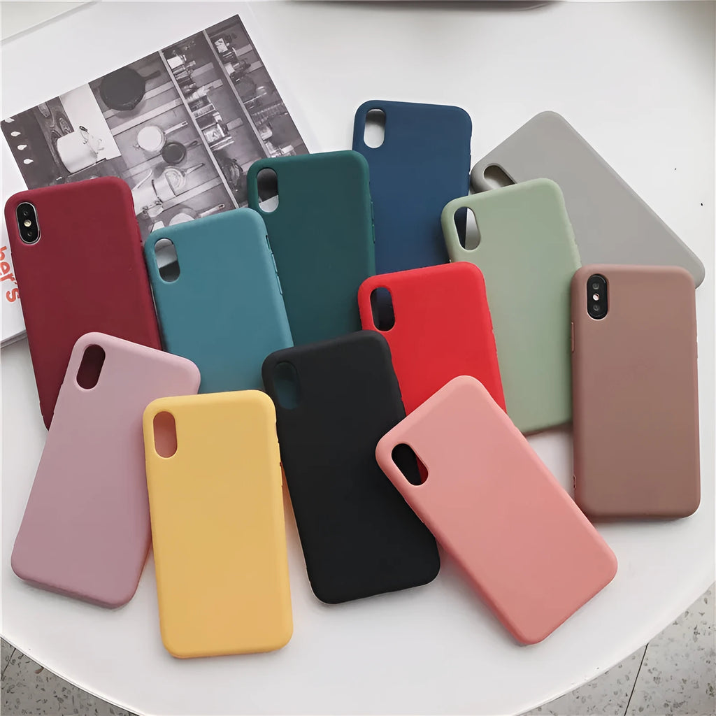 Silicone phone case for iPhone XR and XS Max in eight colour options on grey background