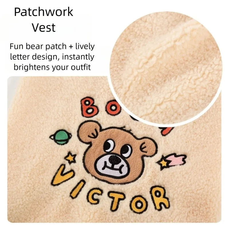 Warm Sherpa dog vest for large dogs, bear pattern, high collar, Grey or White, sizes 3XL to 8XL