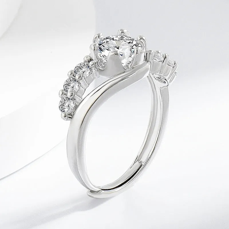 White gold colour crown couple finger ring in copper with round line pattern for women's simple style