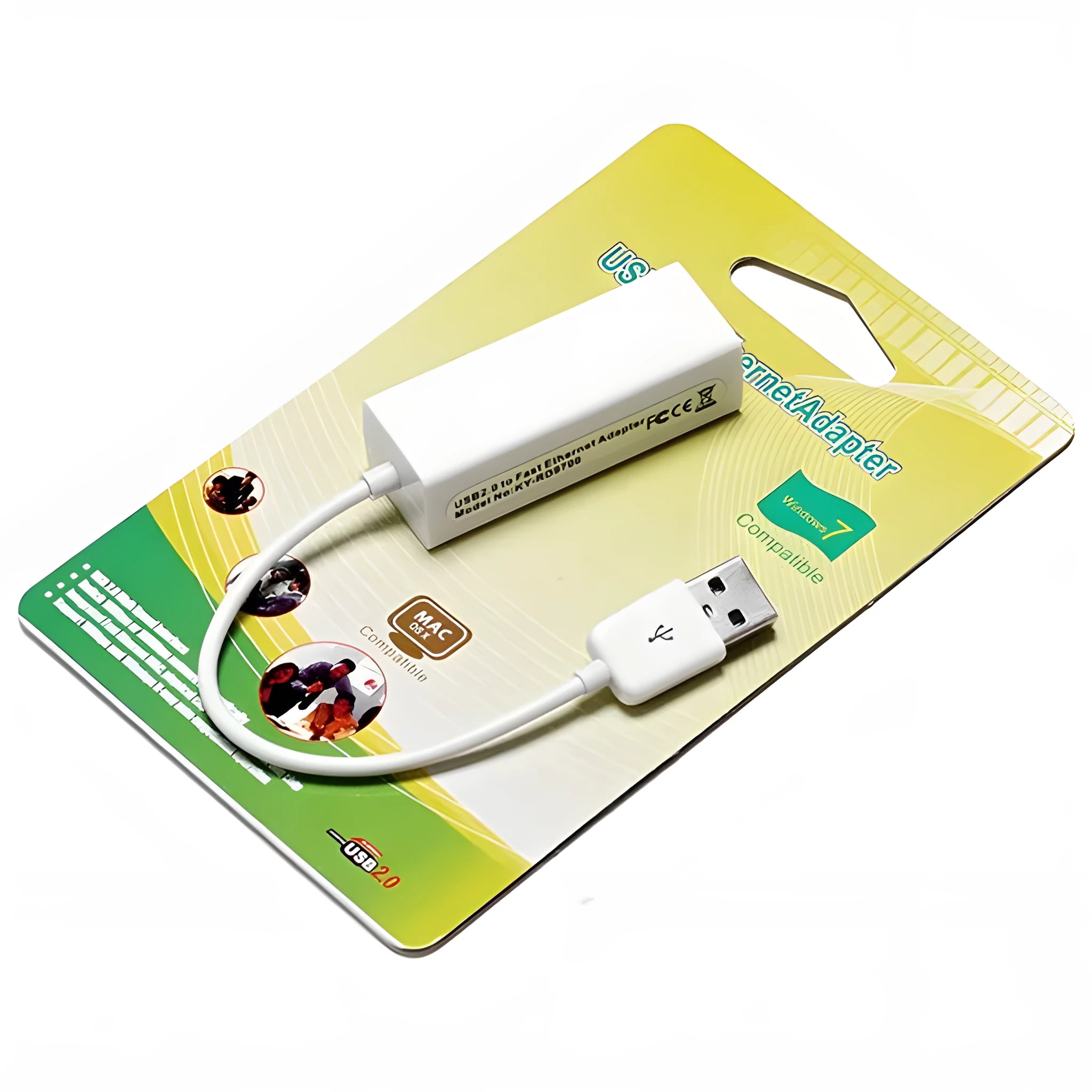 White USB to RJ45 Ethernet network adapter with micro USB connector and LED indicator