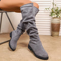 Fleece-lined suede over-the-knee boots for women, black, low chunky heel, slip-on, round toe, winter footwear