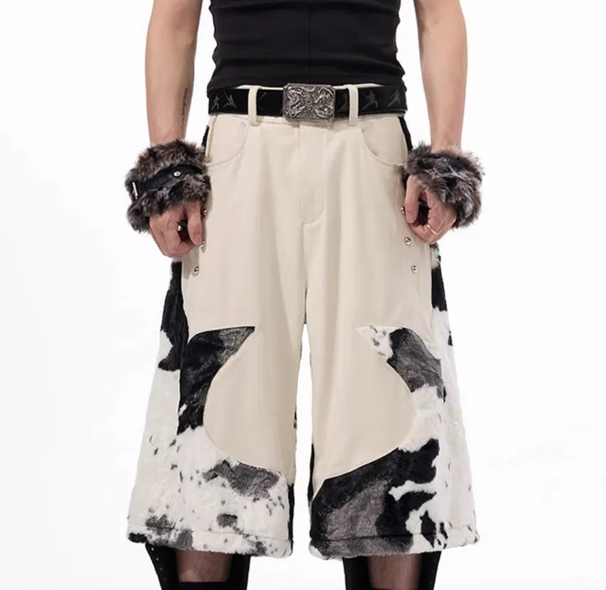 Milk fibre cropped trousers with stitching detail and fur trim in youthful trendy style