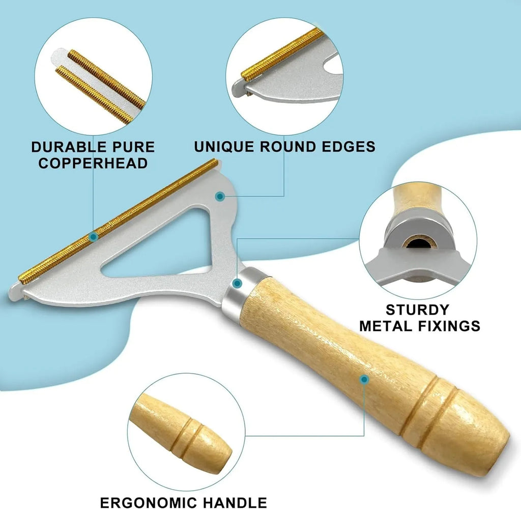 Three-piece pet hair remover set showing metal lint tool, silicone brush, and round sticky surface cleaner