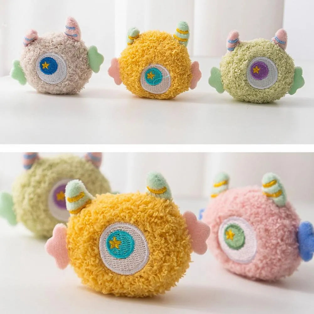 Cartoon-shaped plush dog chew toy with big eyes in multiple colour options