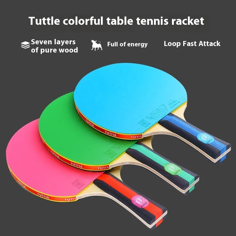 Colourful pure wood table tennis racket with high elasticity rubber and matching carry bag in choice of pink, blue or green shakehand grip.
