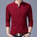 Men's cotton stand collar long sleeve t-shirt in solid colour, pullover style, sizes M to 4XL
