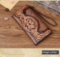 Brown tri-fold leather wallet with deep embossed floral pattern, shown open to reveal card slots and lining.