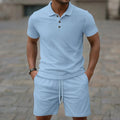 Men's light grey jacquard short sleeve casual suit with matching shorts laid flat