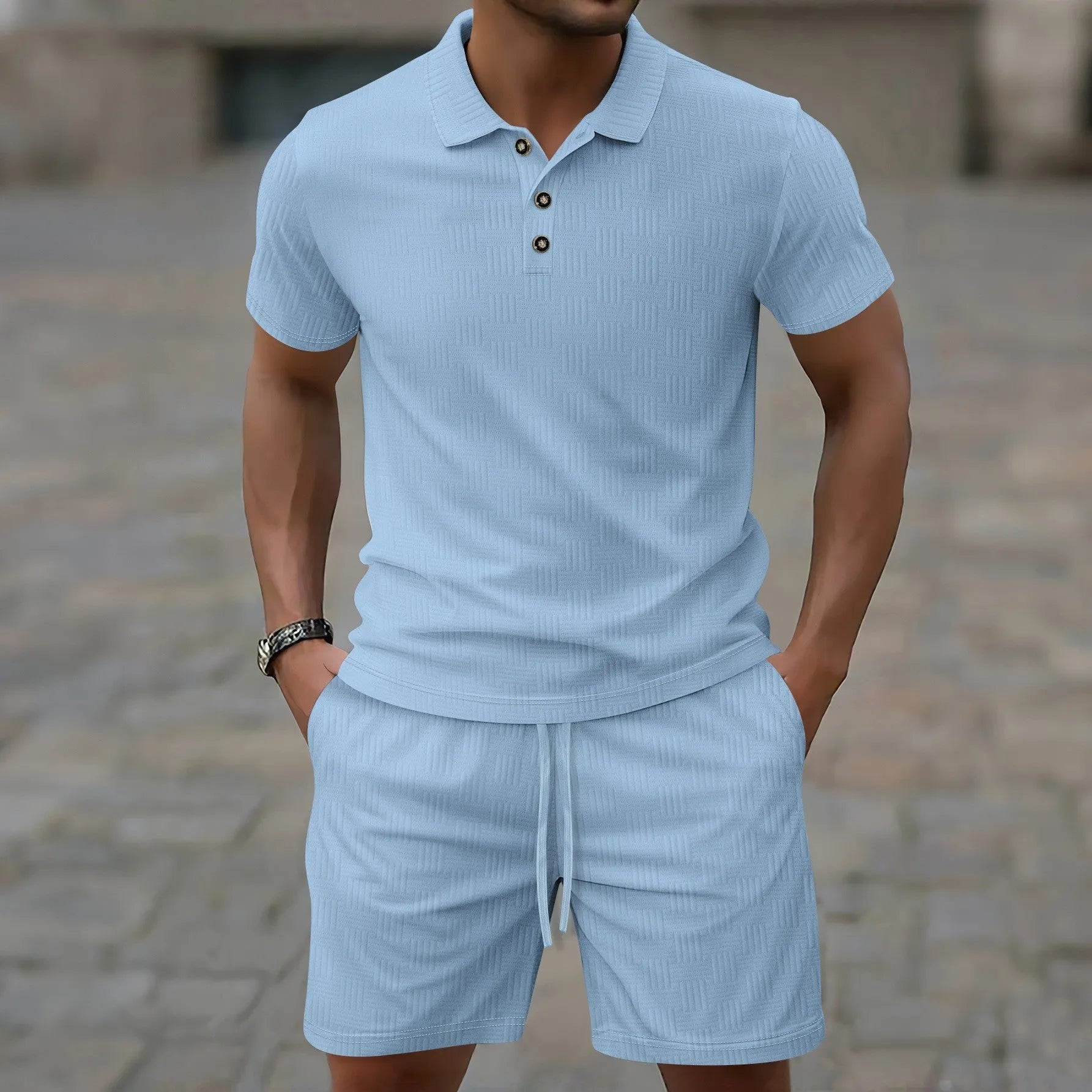 Men's light grey jacquard short sleeve casual suit with matching shorts laid flat