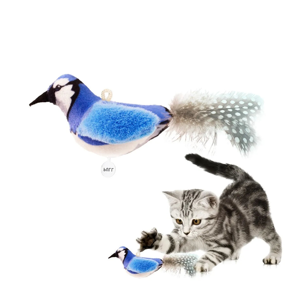 Plush bird simulation cat toy in blue kingfisher colour variant