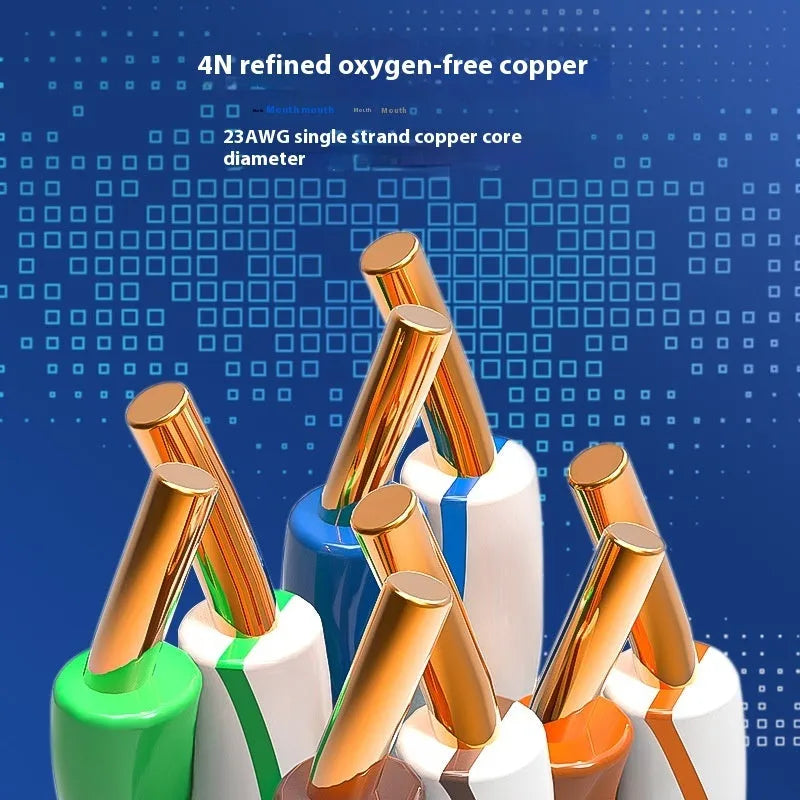 Reel of blue Category 6 network cable with oxygen-free copper core, labelled for gigabit and 10-gigabit speeds.