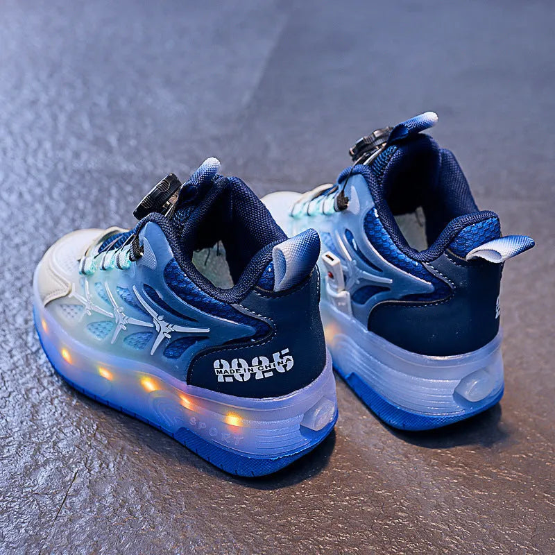 Children's adjustable knob roller skating shoes with rotating button and stripe pattern in blue, black, or pink colours