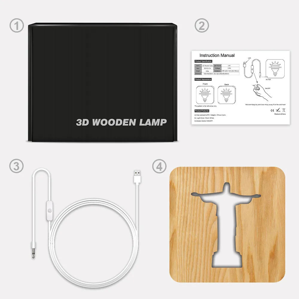 Solid wood hollow night lamp with warm white LED illumination and square wooden frame