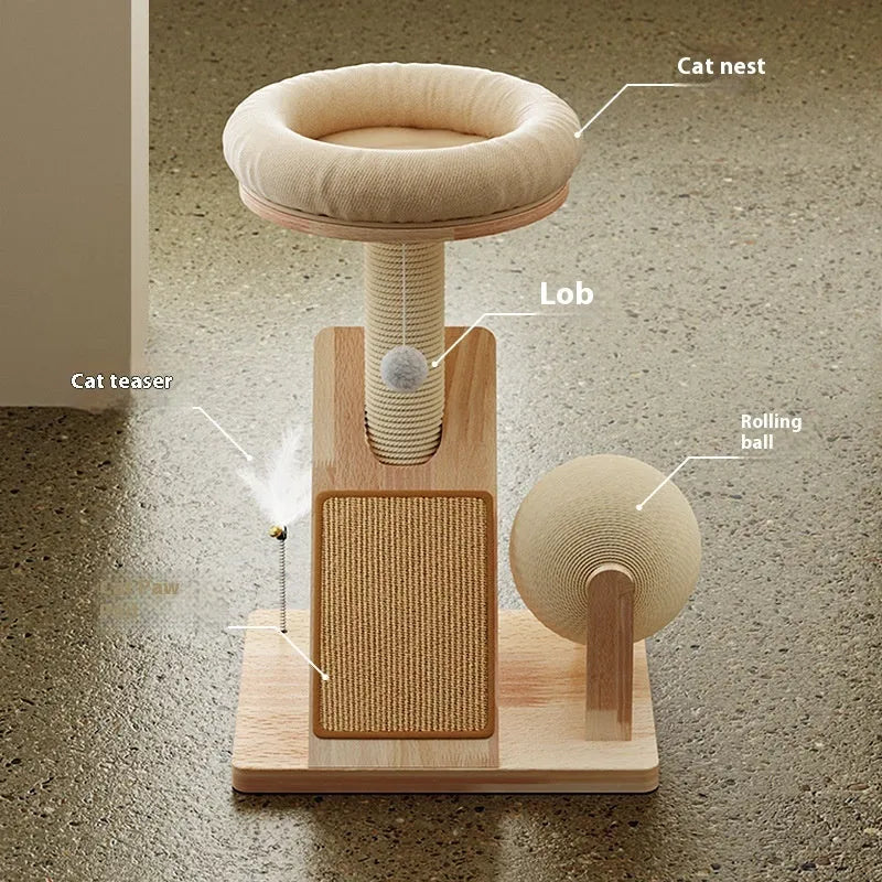 Compact cat climbing frame with sisal scratching surfaces and multiple platforms in jute colour