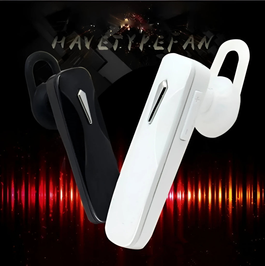 Black and white M163 Bluetooth car headset for hands-free calls and music control.