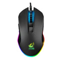 Black wired macro definition gaming mouse with RGB backlight and ergonomic shape on a desk