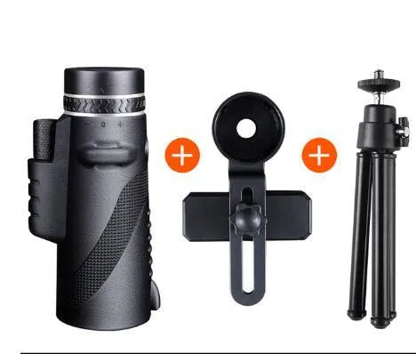 Black 40x60 smartphone monocular telescope with 144mm length on a table.
