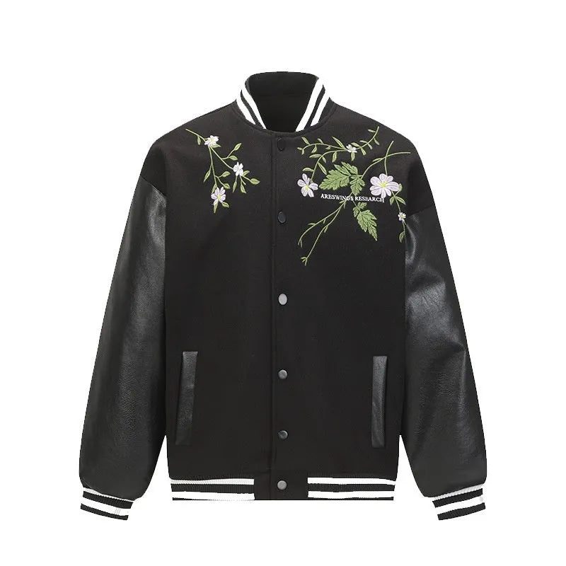 Men's American retro solid colour polyester coat with plant flower embroidery, loose fit, side seam pockets, available in black and apricot