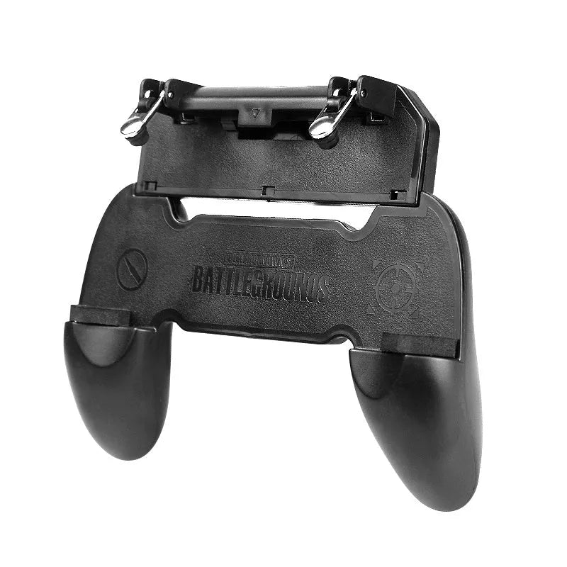 Black wired mobile phone game controller with ergonomic grip and physical action buttons plugged into a smartphone.