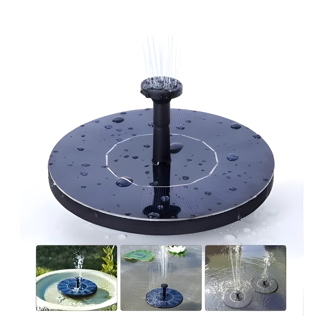 Black solar-powered water fountain pump with four spray nozzles for garden ponds