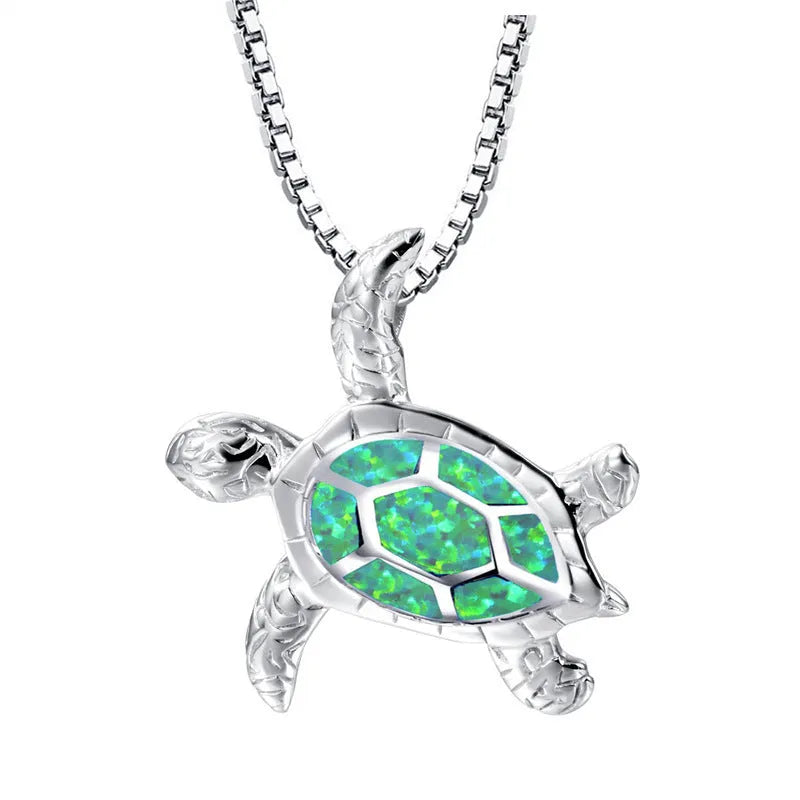 Silver filled blue opal sea turtle pendant necklace with vintage finish